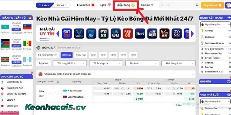 Cách xem bảng xếp hạng bóng đá tại keonhacai5